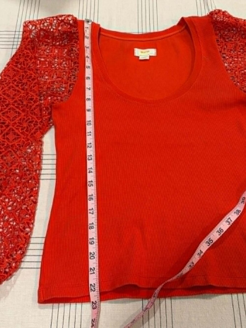 Maeve by Anthropologie Red Crochet Lace Balloon Sleeve Ribbed Top M - Picture 5 of 10